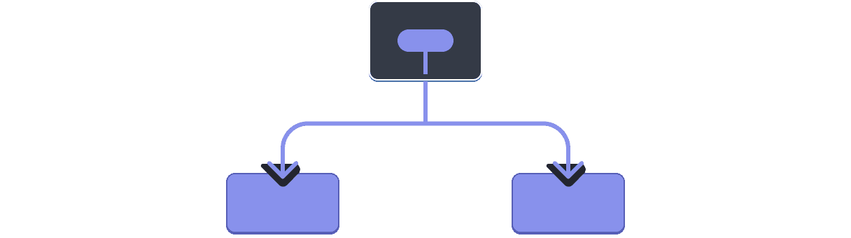 Diagram with a tree of three components. The parent contains a bubble representing a value highlighted in purple. The value flows down to each of the two children, both highlighted in purple.